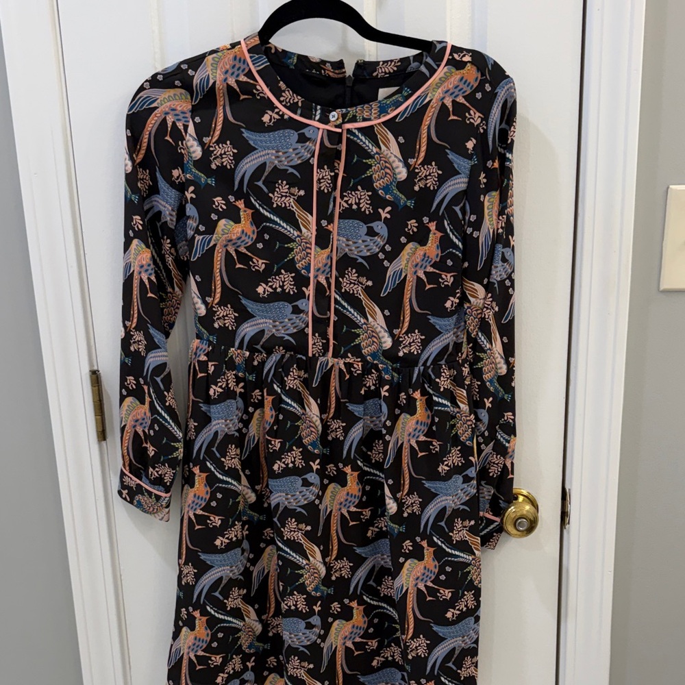 LOFT Black Dress with Blue and Orange Bird Print